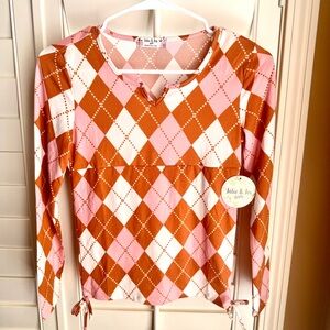 Jolie & Joy Girls Argyle Long Sleeve Top Pink Orange White Size L 14 NWT